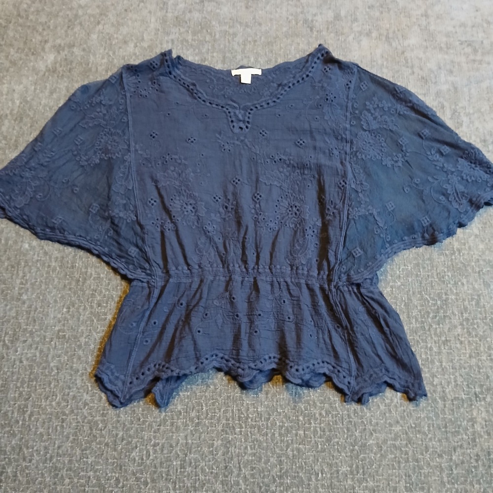 Cato Navy Blue Eyelet Embroidered Peplum Top Butterfly Sleeve Size M